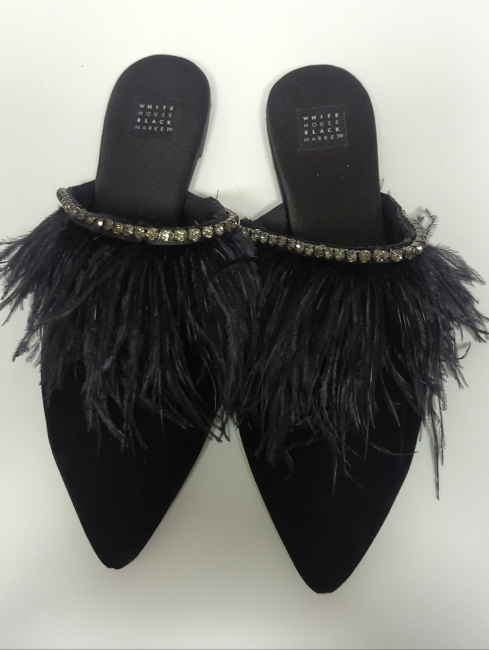 White House Black Market Sz8 Blaire Velvet Feather Mules Slides Rhinestone Chic - Picture 3 of 8
